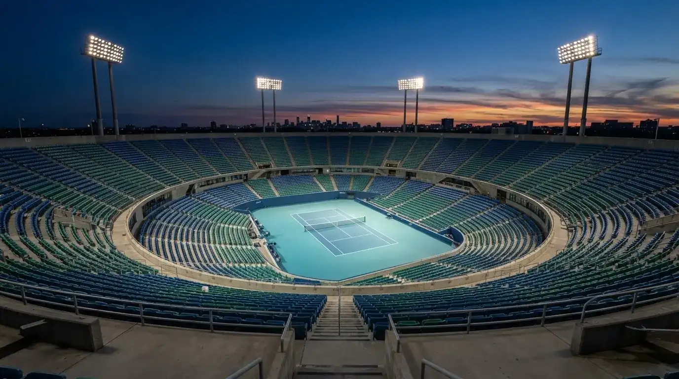 An empty football stadium with floodlight masts at dusk