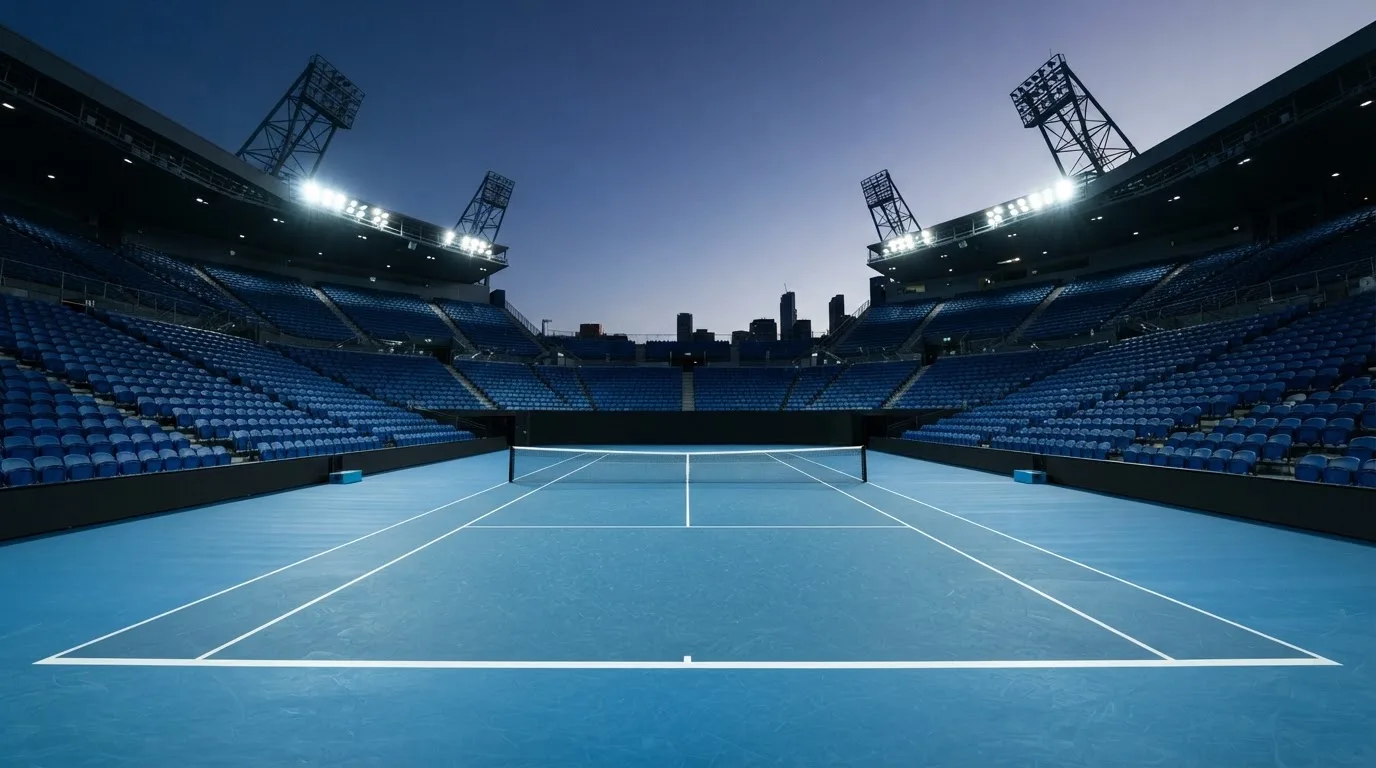 An empty football stadium with floodlight masts at dusk
