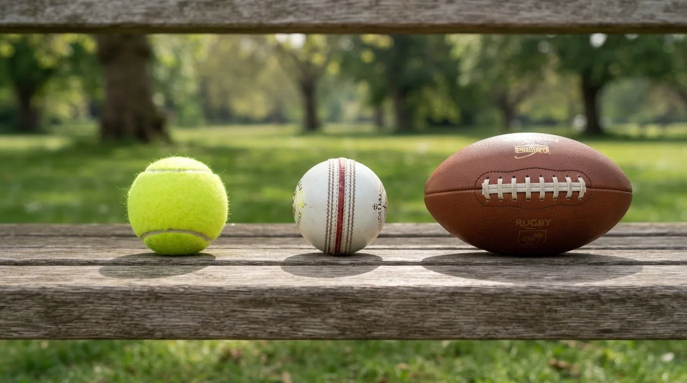 Three balls of different kinds side by side on a wooden bench