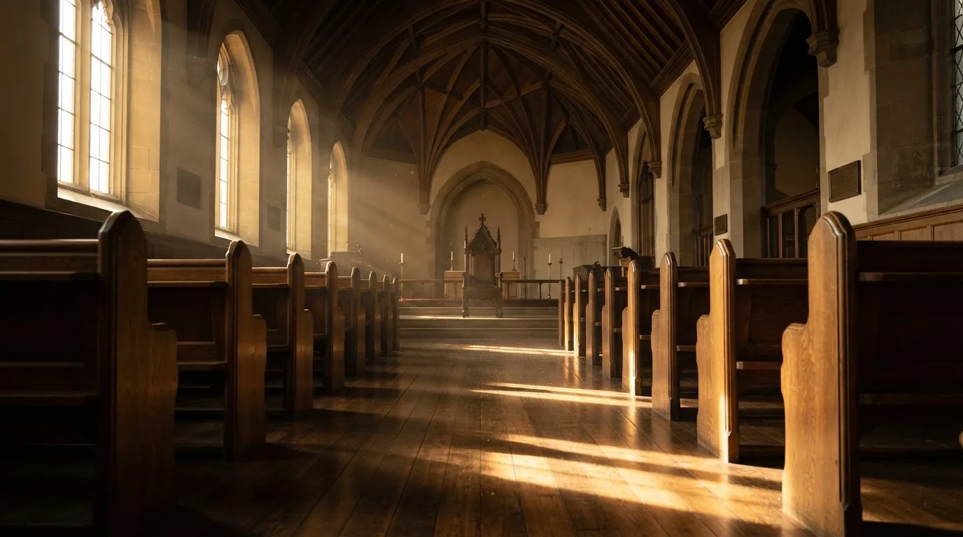 An empty courtroom with wooden benches in morning light